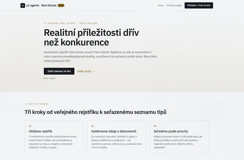 Reality Agent — úvodní stránka s přehledem